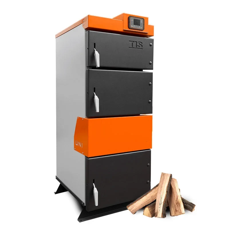 MBtek UNI 60 wood gasification boiler with a stack of split firewood